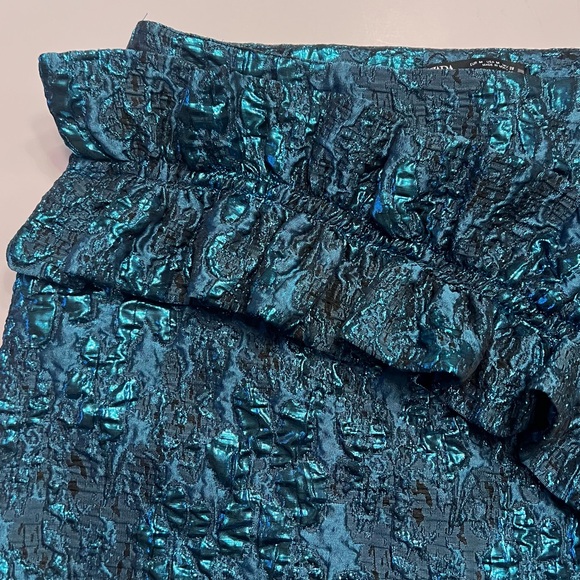 ZARA‎ Patterned Jacquard Ruffle Metallic Mini Skirt in Teal Blue Size Medium - Picture 7 of 13
